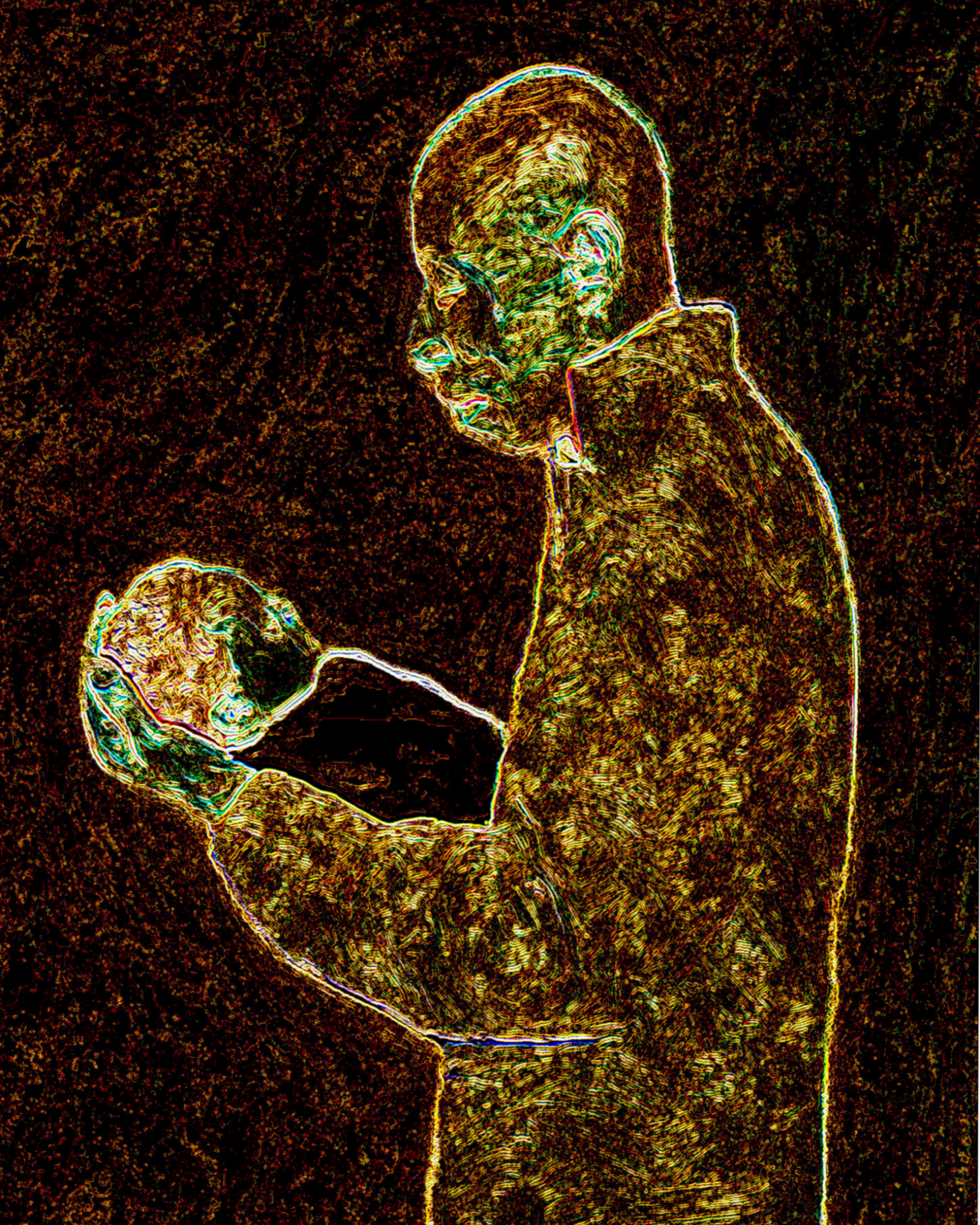 Father is an image of a brownish and textured, with light turquoise highlights, and silhouette lines, man holding a baby.