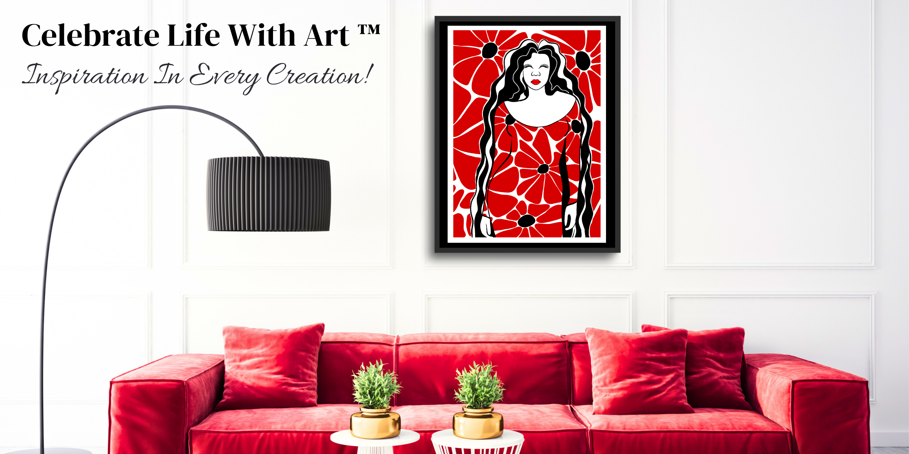 An elegant and feminine woman stands gracefully in a vibrant red floral dress, complemented by a background of matching red floral patterns. This image is presented by Heartfelt Fine Art Greetings® as part of their Celebrate Life With Art™ collection, embodying beauty and femininity.