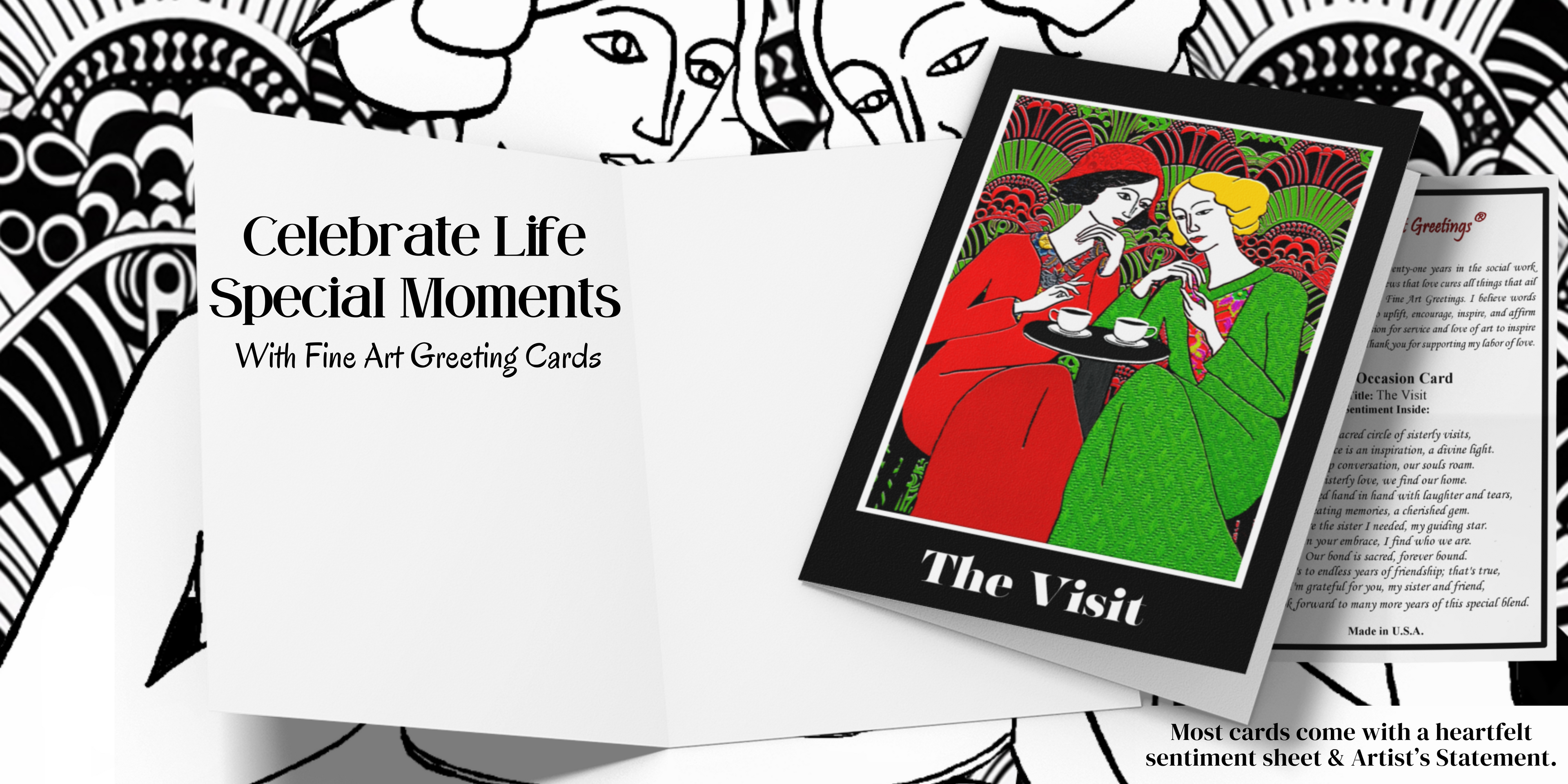 Our fine art greeting card of two women visiting, artist's statement, and poem sheet included.