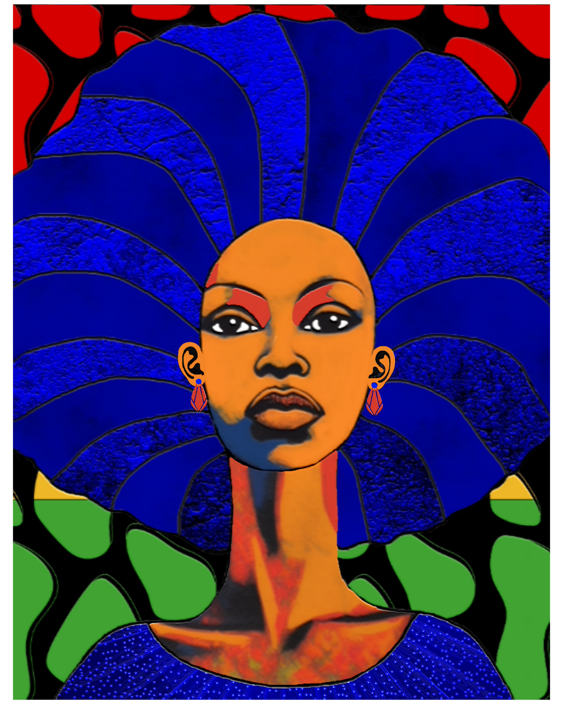 Soul Sista is a vibrant image of a woman with creatively designed bluish hair and a black, green, and red background with a hint of yellow.